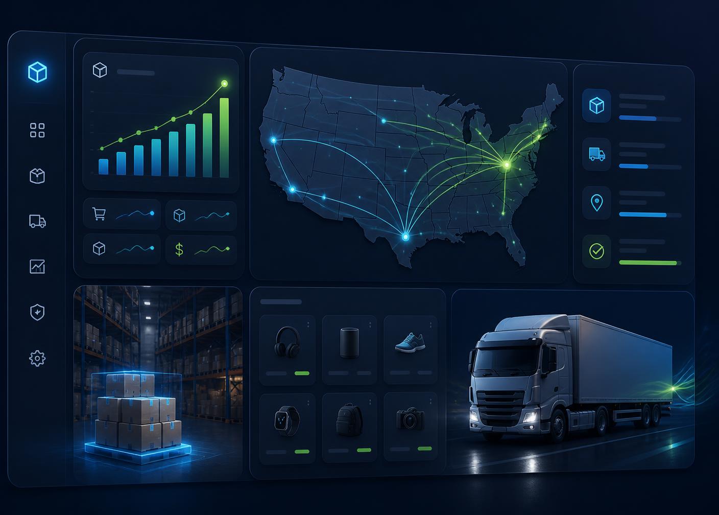 Simple Trendo BD warehouse dashboard showing US shipping routes, live order analytics, and same-day fulfillment
